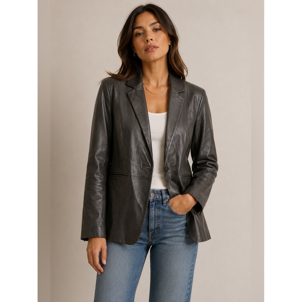 Denim & Co. Leather Blazer Womens Large Gray Single Button Jacket